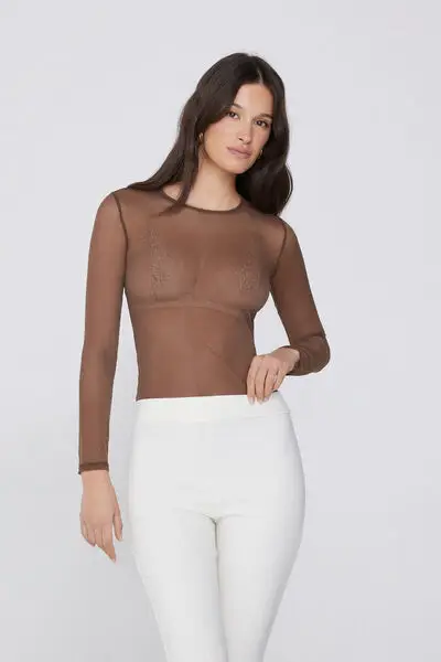 Maglia Manica Lunga Girocollo in Tulle Donna Marrone miniatura 3