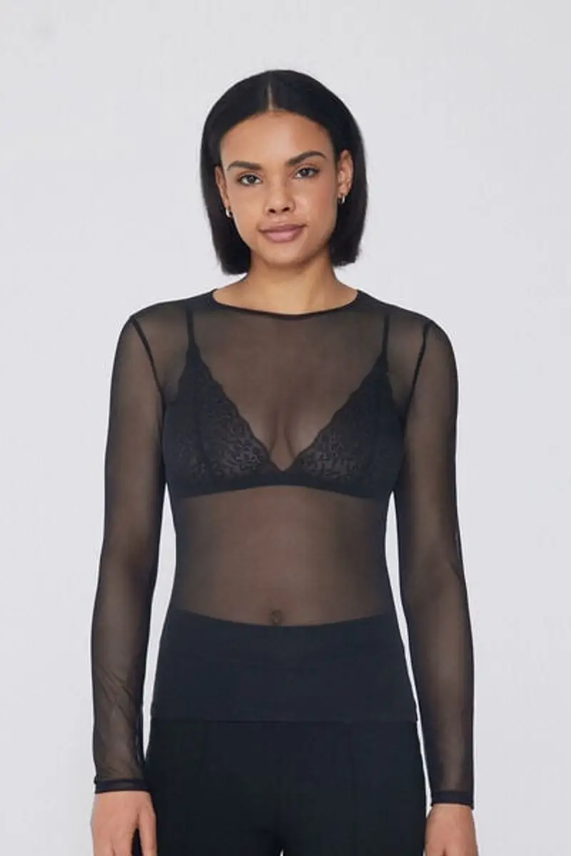 Tezenis Maglia Manica Lunga Girocollo in Tulle Donna Nero Taglia M
