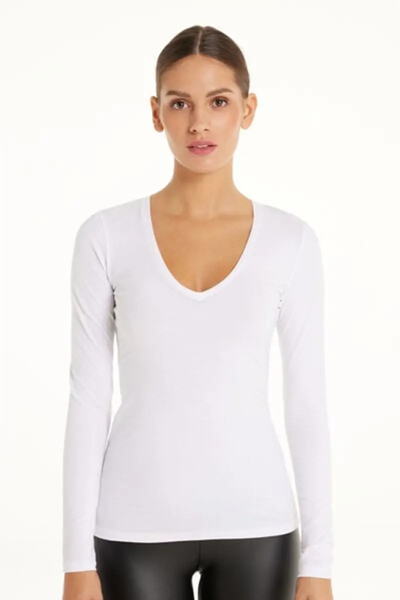Tezenis Maglia Manica Lunga Scollo a V in Cotone Organico Elasticizzato Donna Bianco Taglia S