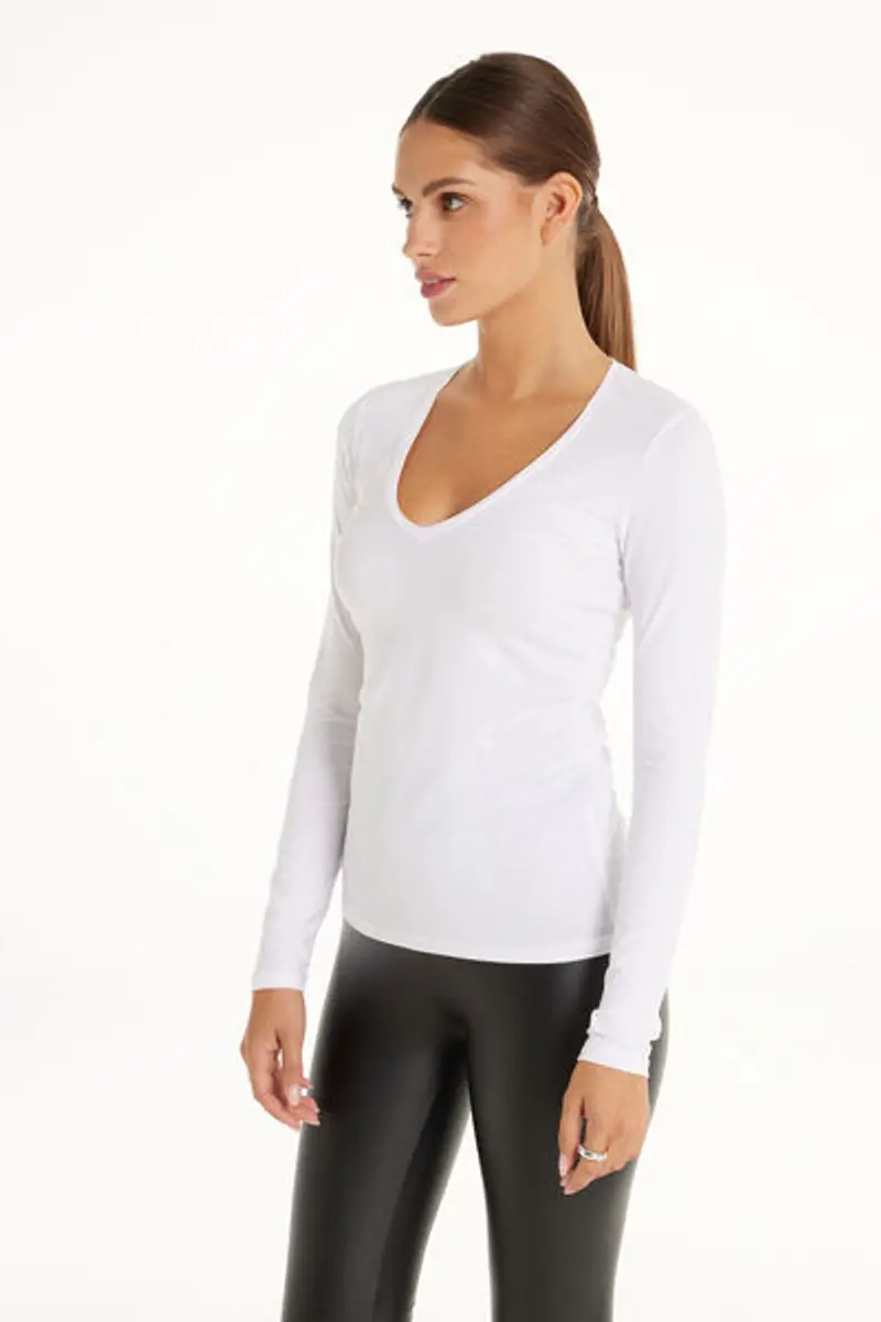 Tezenis Maglia Manica Lunga Scollo a V in Cotone Organico Elasticizzato Donna Bianco Taglia S miniatura 2