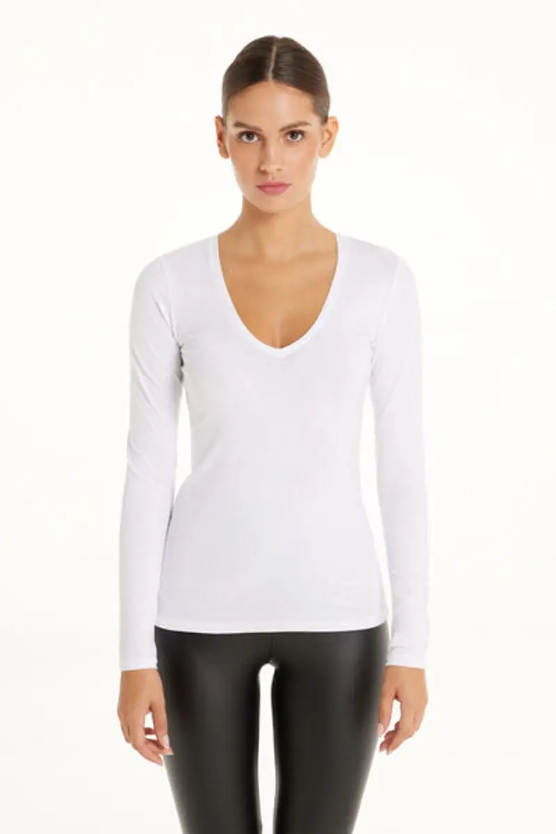 Tezenis Maglia Manica Lunga Scollo a V in Cotone Organico Elasticizzato Donna Bianco Taglia S miniatura 3