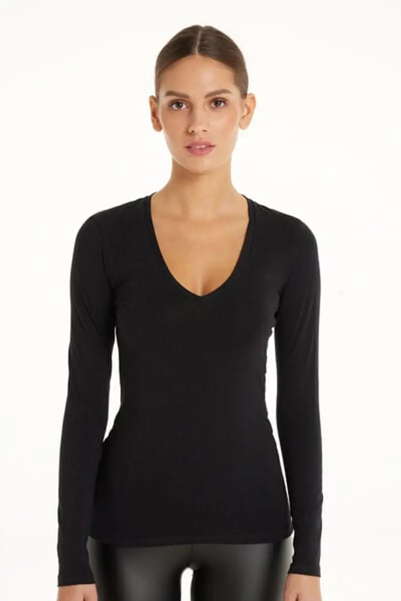 Tezenis Maglia Manica Lunga Scollo a V in Cotone Organico Elasticizzato Donna Nero Taglia L