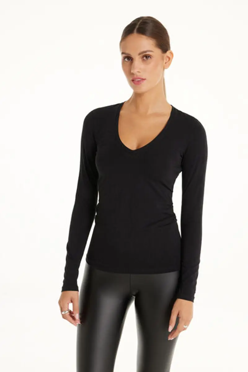 Tezenis Maglia Manica Lunga Scollo a V in Cotone Organico Elasticizzato Donna Nero Taglia L miniatura 2