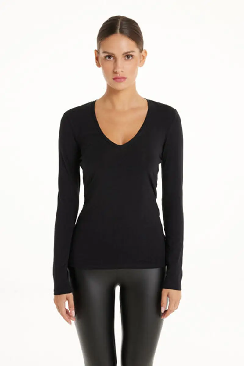 Tezenis Maglia Manica Lunga Scollo a V in Cotone Organico Elasticizzato Donna Nero Taglia L miniatura 3