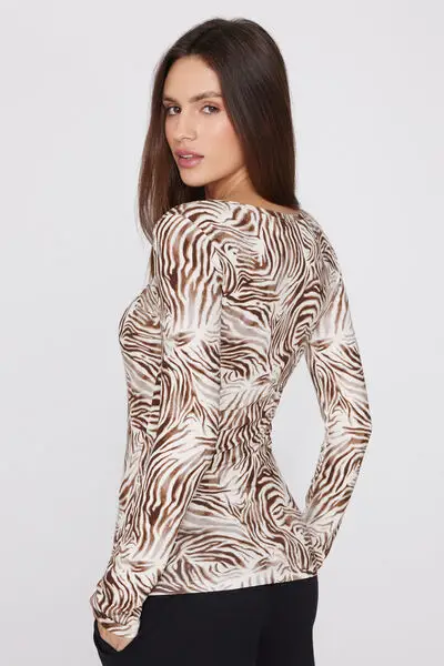 Maglia Manica Lunga Scollo Ampio Viscosa Stampata Donna Nero miniatura 2