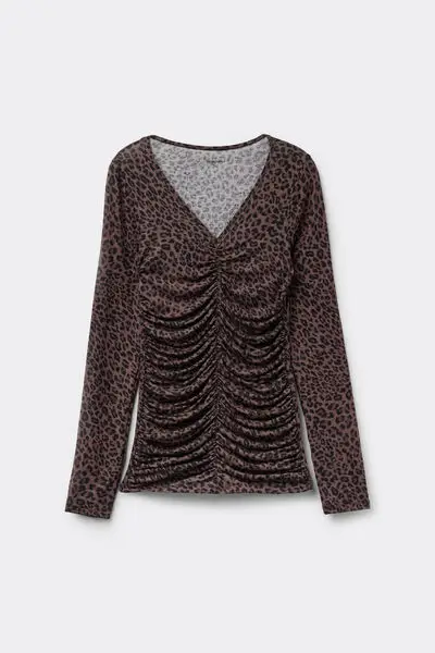 Maglia Manica Lunga Scollo V con Arriccio Donna Marrone miniatura 2