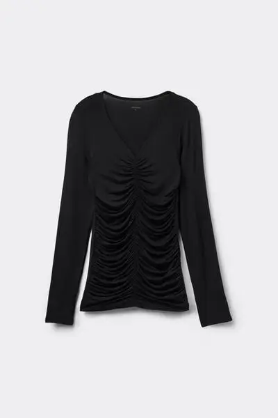 Maglia Manica Lunga Scollo V con Arriccio Donna Nero miniatura 2