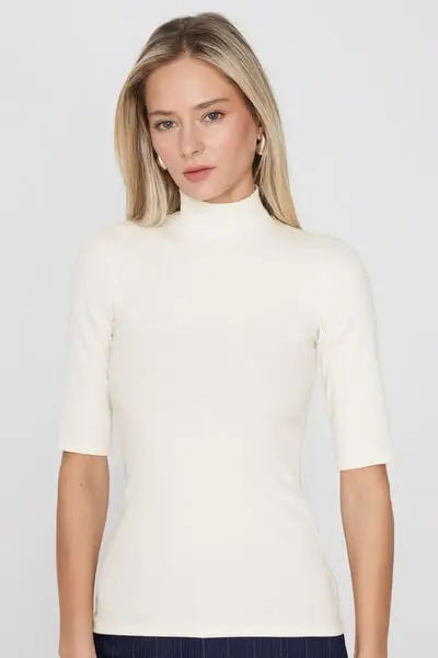 Maglia Maniche 3/4 Lupetto Cotone a Costine Donna Bianco