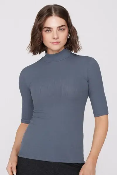 Maglia Maniche 3/4 Lupetto Cotone a Costine Donna Blu