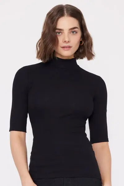 Maglia Maniche 3/4 Lupetto Cotone a Costine Donna Nero