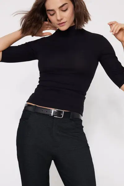 Maglia Maniche 3/4 Lupetto Cotone a Costine Donna Nero miniatura 3