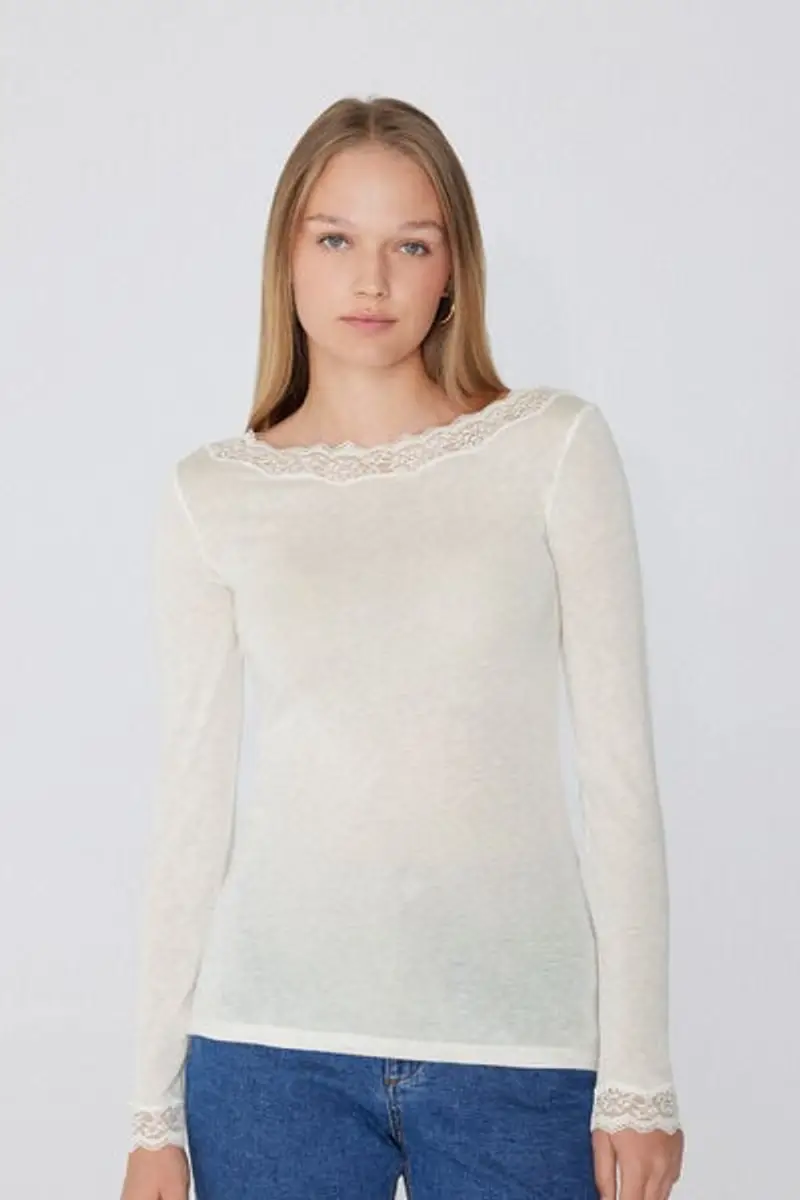 Tezenis Maglia Maniche Lunghe Barchetta Pizzo/Lana Merino Donna Bianco Taglia L