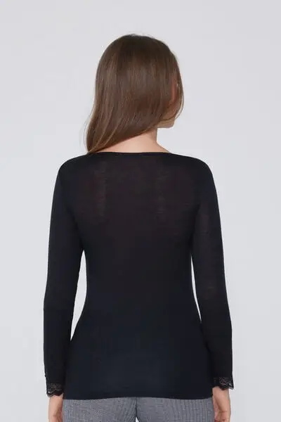 Maglia Maniche Lunghe Barchetta Pizzo/Lana Merino Donna Nero miniatura 2