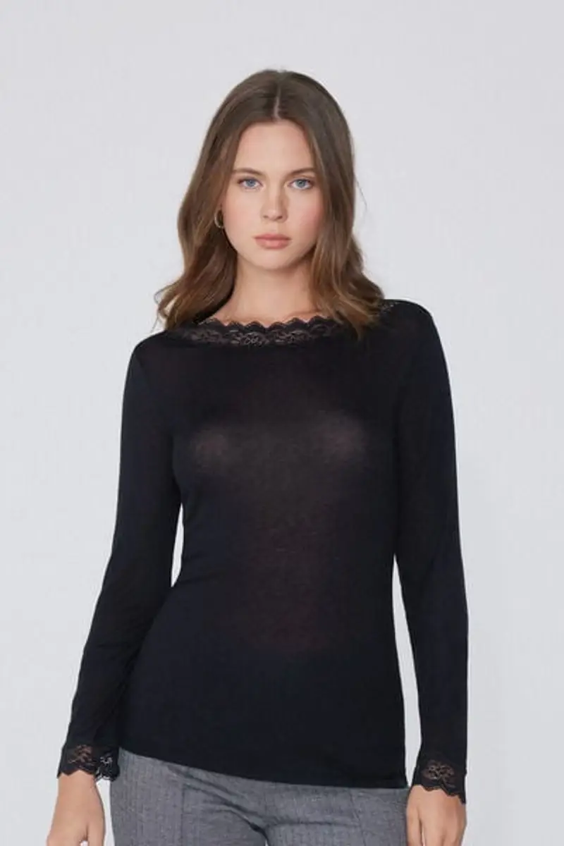 Tezenis Maglia Maniche Lunghe Barchetta Pizzo/Lana Merino Donna Nero Taglia M