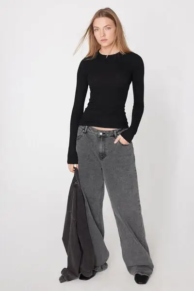 Maglia Maniche Lunghe Costine Girocollo Donna Nero