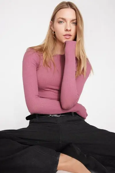 Maglia Maniche Lunghe Costine Girocollo Donna Rosa miniatura 3