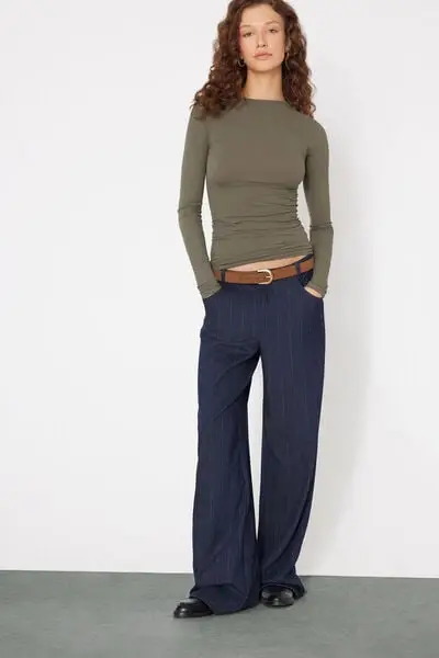 Maglia Maniche Lunghe Costine Girocollo Donna Verde