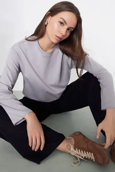 Maglia Maniche Lunghe Girocollo 100% Cotone Pesantezza Media Donna Blu