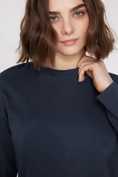 Maglia Maniche Lunghe Girocollo 100% Cotone Pesantezza Media Donna Blu miniatura 3