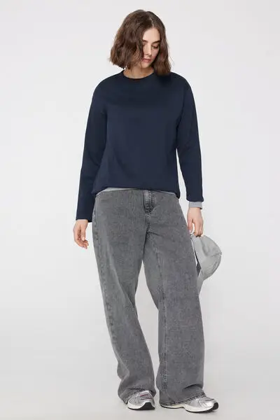 Maglia Maniche Lunghe Girocollo 100% Cotone Pesantezza Media Donna Blu