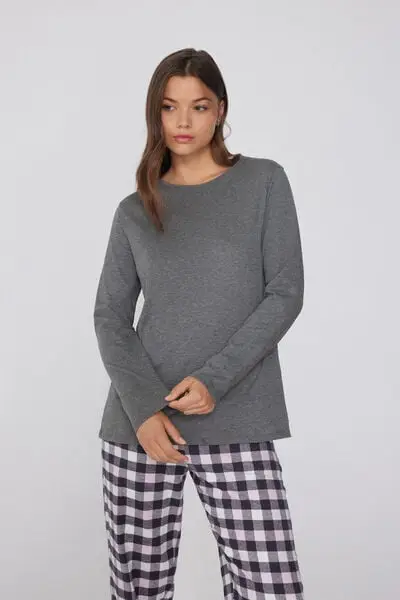 Maglia Maniche Lunghe Girocollo in 100% Cotone Donna Grigio miniatura 3