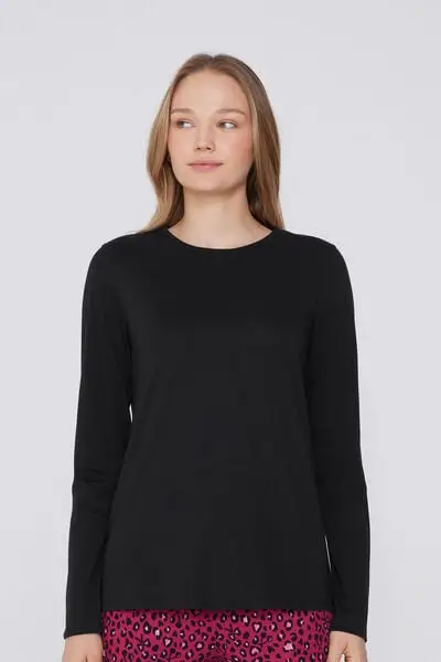 Maglia Maniche Lunghe Girocollo in 100% Cotone Donna Nero