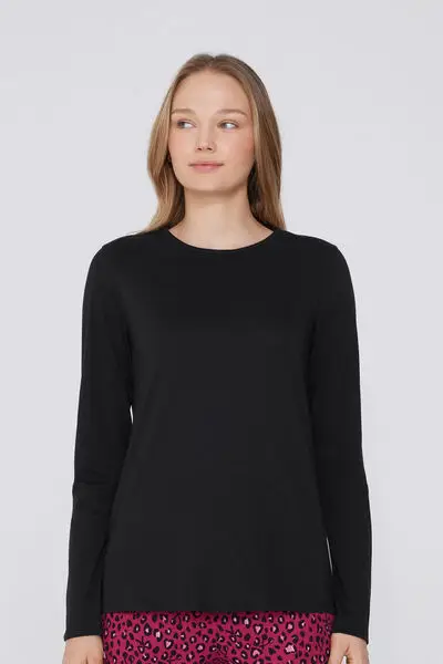Maglia Maniche Lunghe Girocollo in 100% Cotone Donna Nero