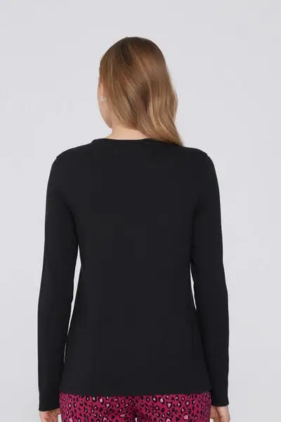 Maglia Maniche Lunghe Girocollo in 100% Cotone Donna Nero miniatura 2