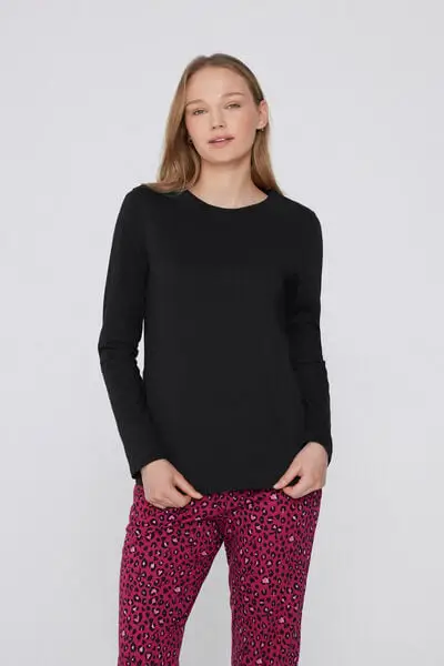 Maglia Maniche Lunghe Girocollo in 100% Cotone Donna Nero miniatura 3