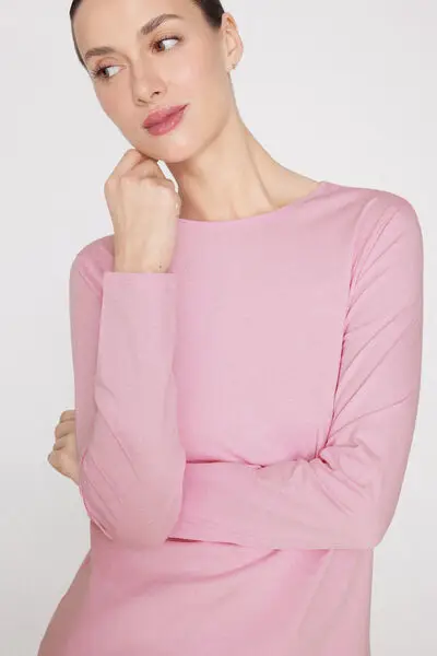 Maglia Maniche Lunghe Girocollo in 100% Cotone Donna Rosa miniatura 3