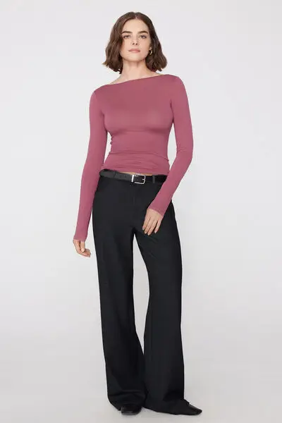 Maglia Maniche Lunghe Scollo Barchetta Viscosa Donna Rosa miniatura 3