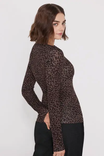 Maglia Maniche Lunghe Scollo Barchetta Viscosa Stampata Donna Marrone miniatura 2
