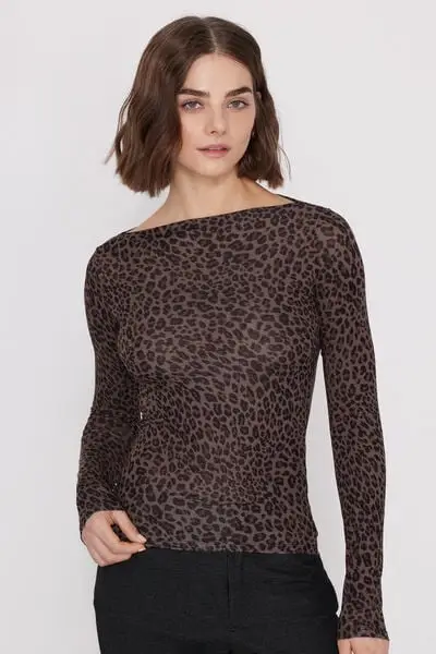 Maglia Maniche Lunghe Scollo Barchetta Viscosa Stampata Donna Marrone