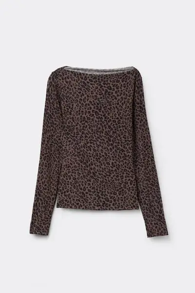 Maglia Maniche Lunghe Scollo Barchetta Viscosa Stampata Donna Marrone miniatura 2