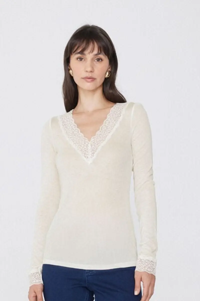 Tezenis Maglia Maniche Lunghe Scollo V Pizzo/Lana Merino Donna Bianco Taglia L