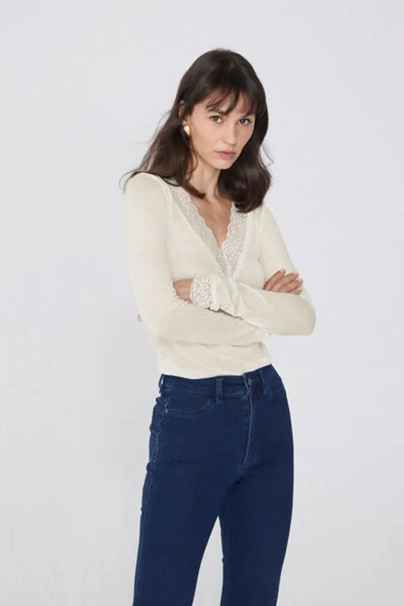 Tezenis Maglia Maniche Lunghe Scollo V Pizzo/Lana Merino Donna Bianco Taglia L miniatura 2