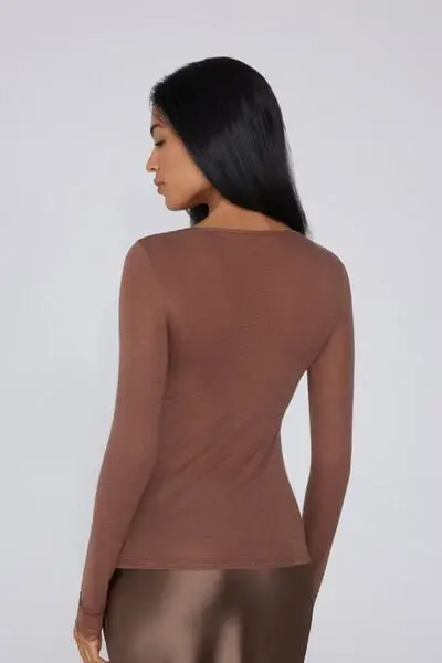 Maglia Maniche Lunghe Scollo V Pizzo/Lana Merino Donna Marrone miniatura 2