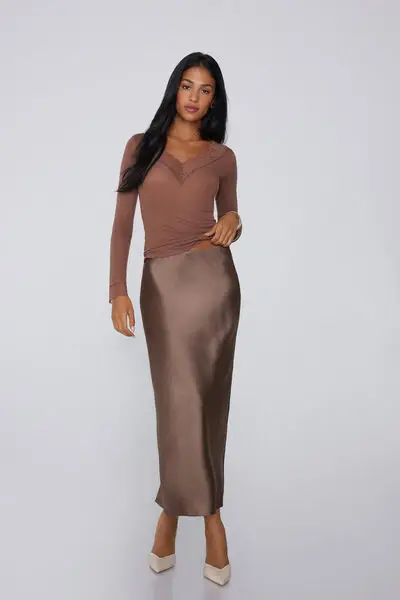 Maglia Maniche Lunghe Scollo V Pizzo/Lana Merino Donna Marrone miniatura 3