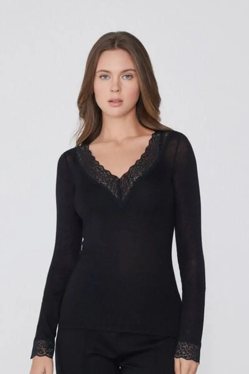 Tezenis Maglia Maniche Lunghe Scollo V Pizzo/Lana Merino Donna Nero Taglia L