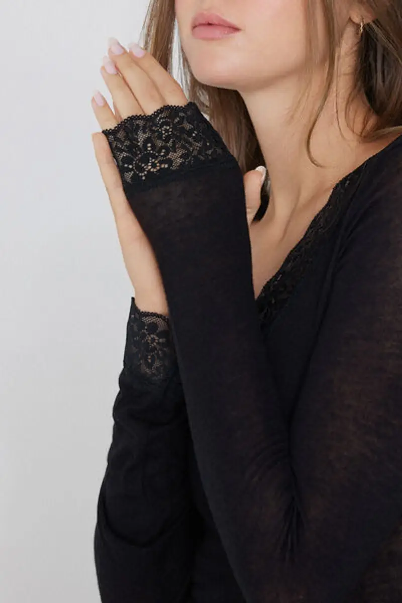 Tezenis Maglia Maniche Lunghe Scollo V Pizzo/Lana Merino Donna Nero Taglia L miniatura 3