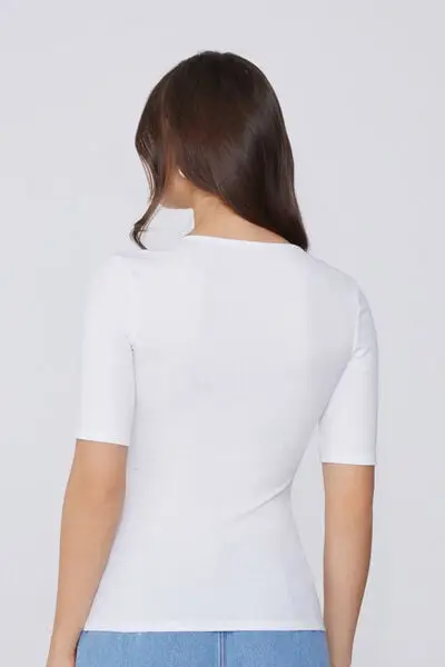 Maglia Mezze Maniche Scollo Quadrato Cotone Costine Donna Bianco miniatura 2