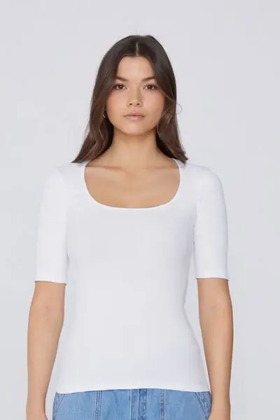 Maglia Mezze Maniche Scollo Quadrato Cotone Costine Donna Bianco