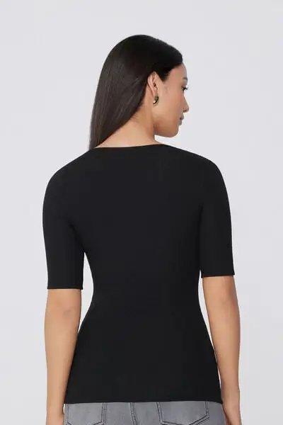 Maglia Mezze Maniche Scollo Quadrato Cotone Costine Donna Nero miniatura 2