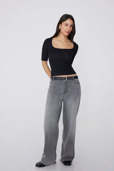 Maglia Mezze Maniche Scollo Quadrato Cotone Costine Donna Nero miniatura 3