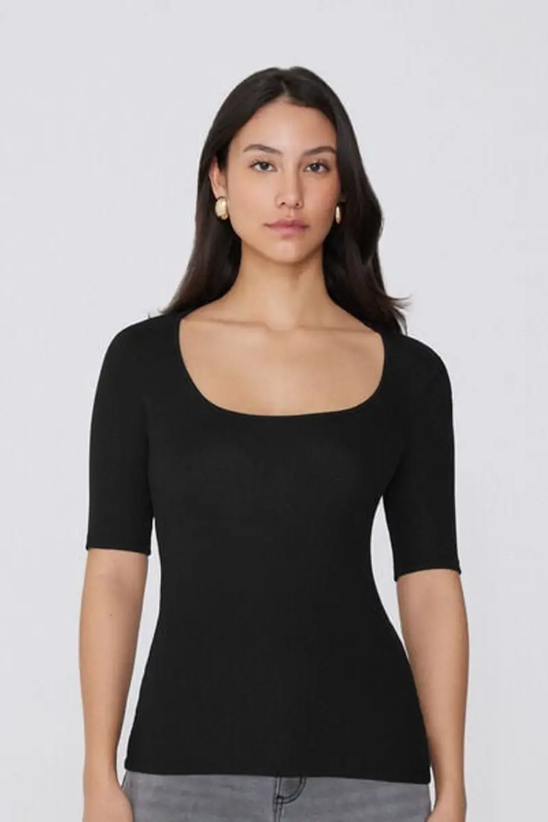 Tezenis Maglia Mezze Maniche Scollo Quadrato Cotone Costine Donna Nero Taglia L