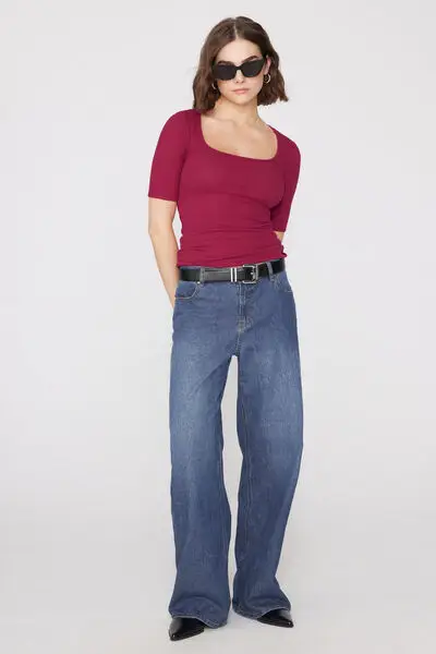 Maglia Mezze Maniche Scollo Quadrato Cotone Costine Donna Rosso