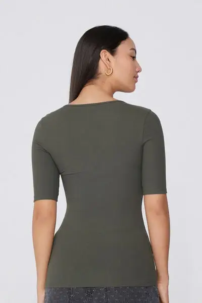 Maglia Mezze Maniche Scollo Quadrato Cotone Costine Donna Verde miniatura 2