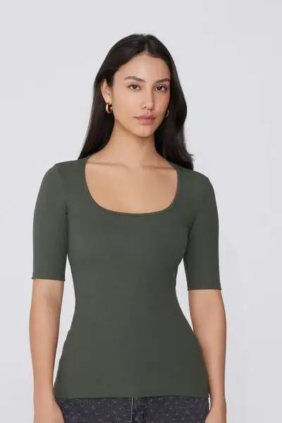 Maglia Mezze Maniche Scollo Quadrato Cotone Costine Donna Verde