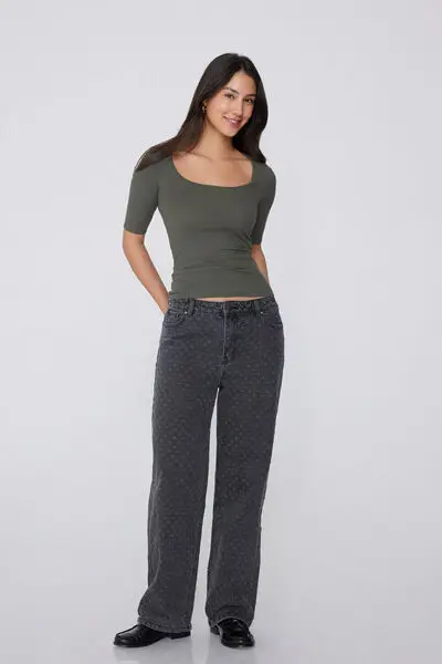 Maglia Mezze Maniche Scollo Quadrato Cotone Costine Donna Verde miniatura 3