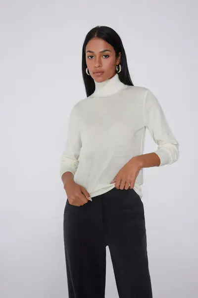 Maglia Pesante Collo Alto 100% Lana Merino Donna Bianco miniatura 3